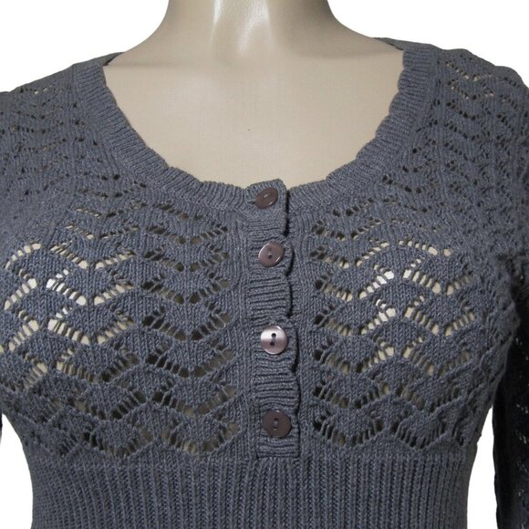 ANN TAYLOR LOFT S P Y2K CROCHET Open Knit Pointelle Henley Sweater Top Gray - Picture 2 of 10